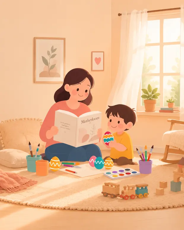 A mother reading to her child in warm morning light